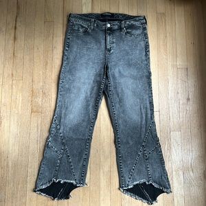 Liverpool Cropped Flare Grey Denim Jean with Distressed Asymmetrical Hem